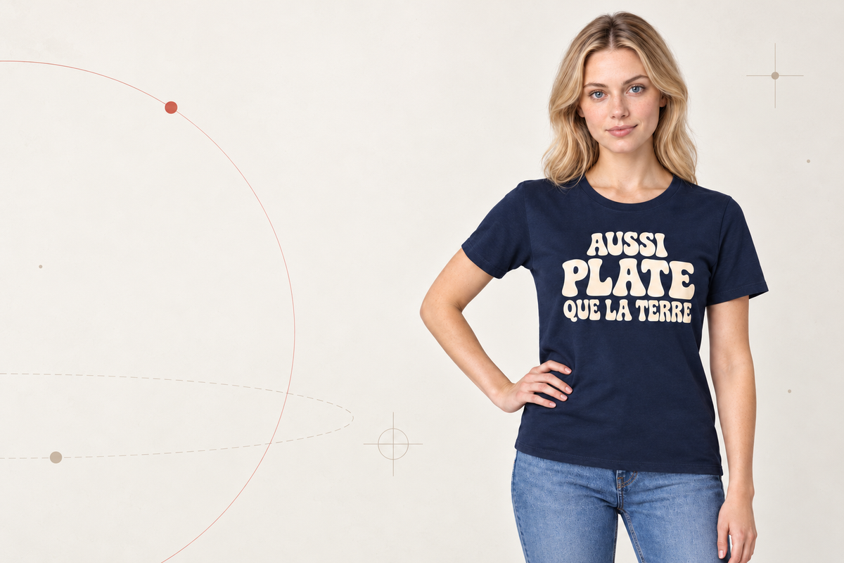 Mannequin portant le t-shirt marine Aussi plate que la Terre